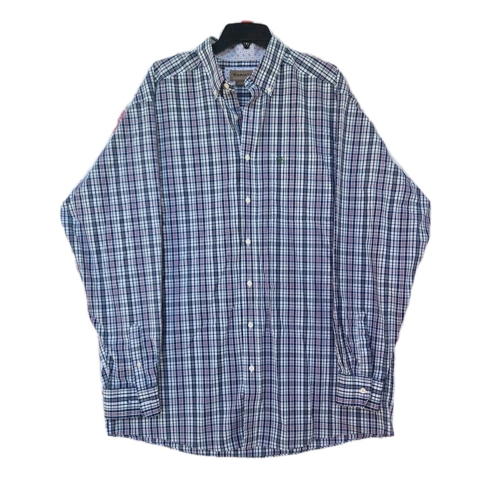 Ariat Men's XL Tall Blue Plaid Button Down Shirt Wrinkle-Free Long Sleeve Cotton